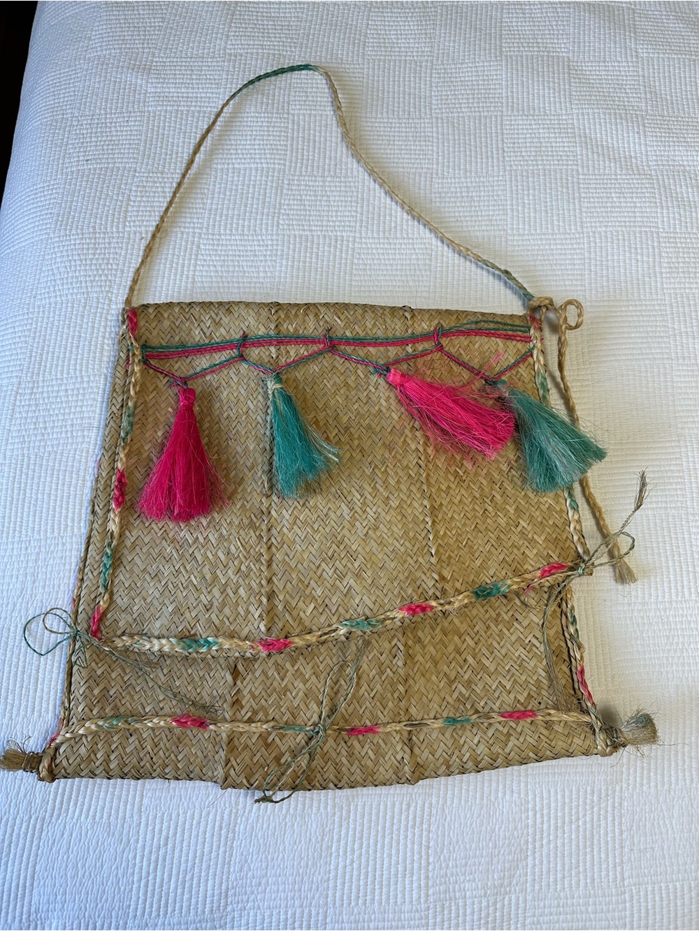 Artisan Straw Tote with Pink and Teal Tassels